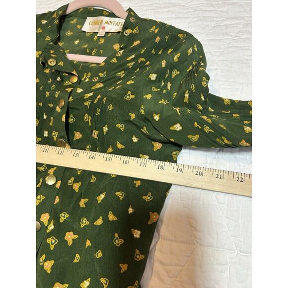 Lauren Moffatt Blouse Womens S green floral Silk Print Snap Prairie Cottagecore - Picture 6 of 11